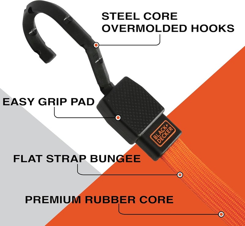 BLACK+DECKER BDX1012 Black/Orange 48" Flat Bungee Cord Straps, 2 Pack - Image 2